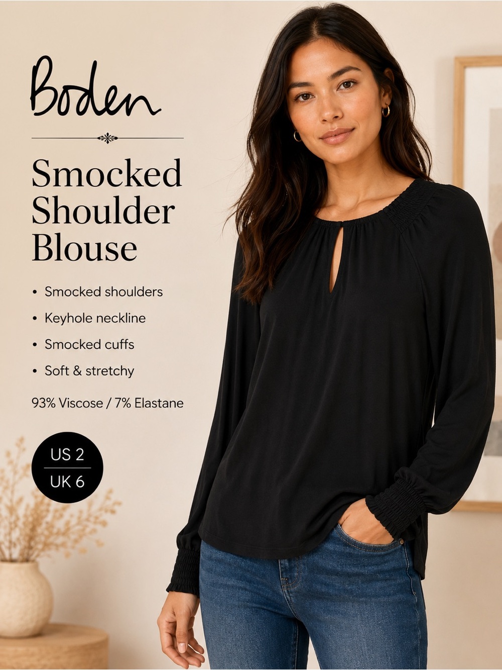 Boden Black Smocked-Shoulder Keyhole Blouse Size 2
